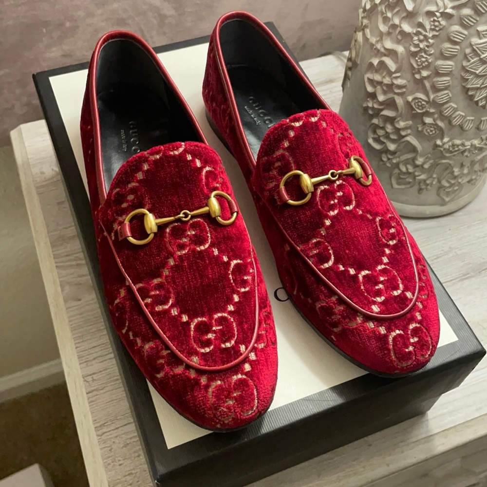 Gucci Red Velvet Loafers with Gold Accents